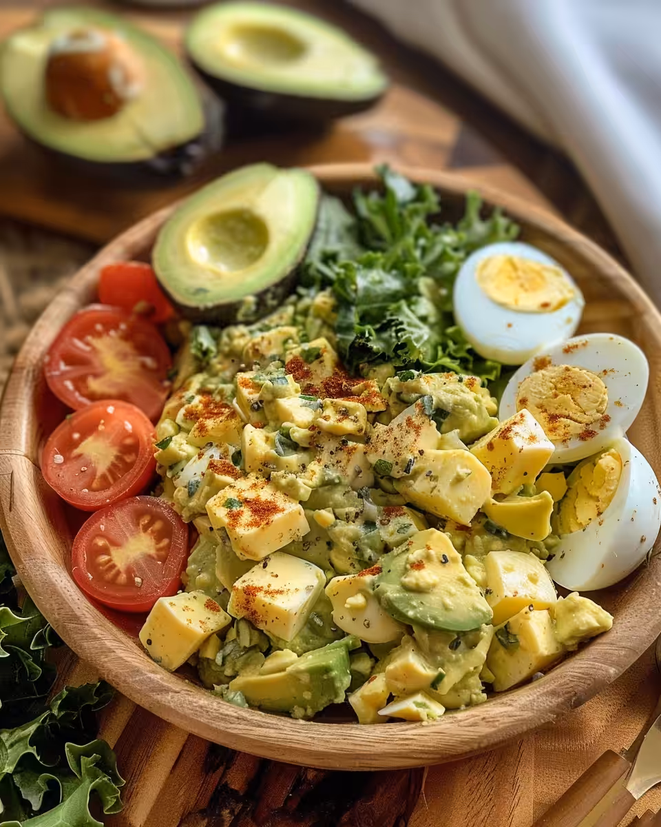 Fresh zesty avocado egg salad with chopped herbs and olives in bowl