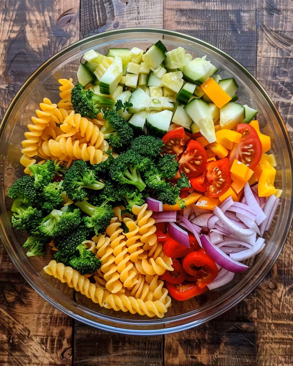Colorful fresh ingredients for veggie pasta salad including mini sweet peppers and kalamata olives