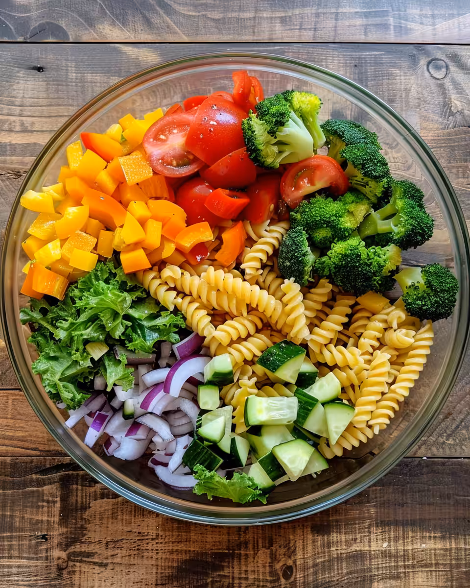 Finished veggie pasta salad tossed and ready to serve in bowl