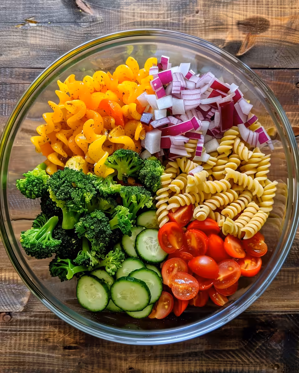 Fresh pressure cooked veggie pasta salad in bowl