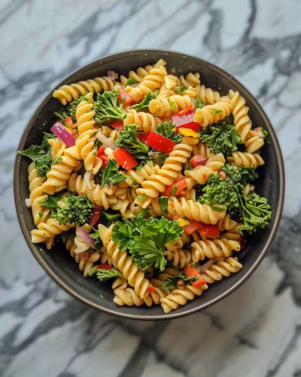 Ingredients for high protein pasta salad including corn, chicken, herbs, and cheese