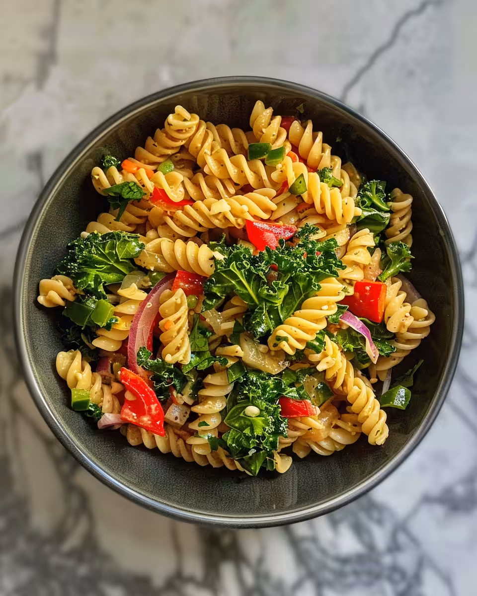 Finished high protein pasta salad served chilled in bowl