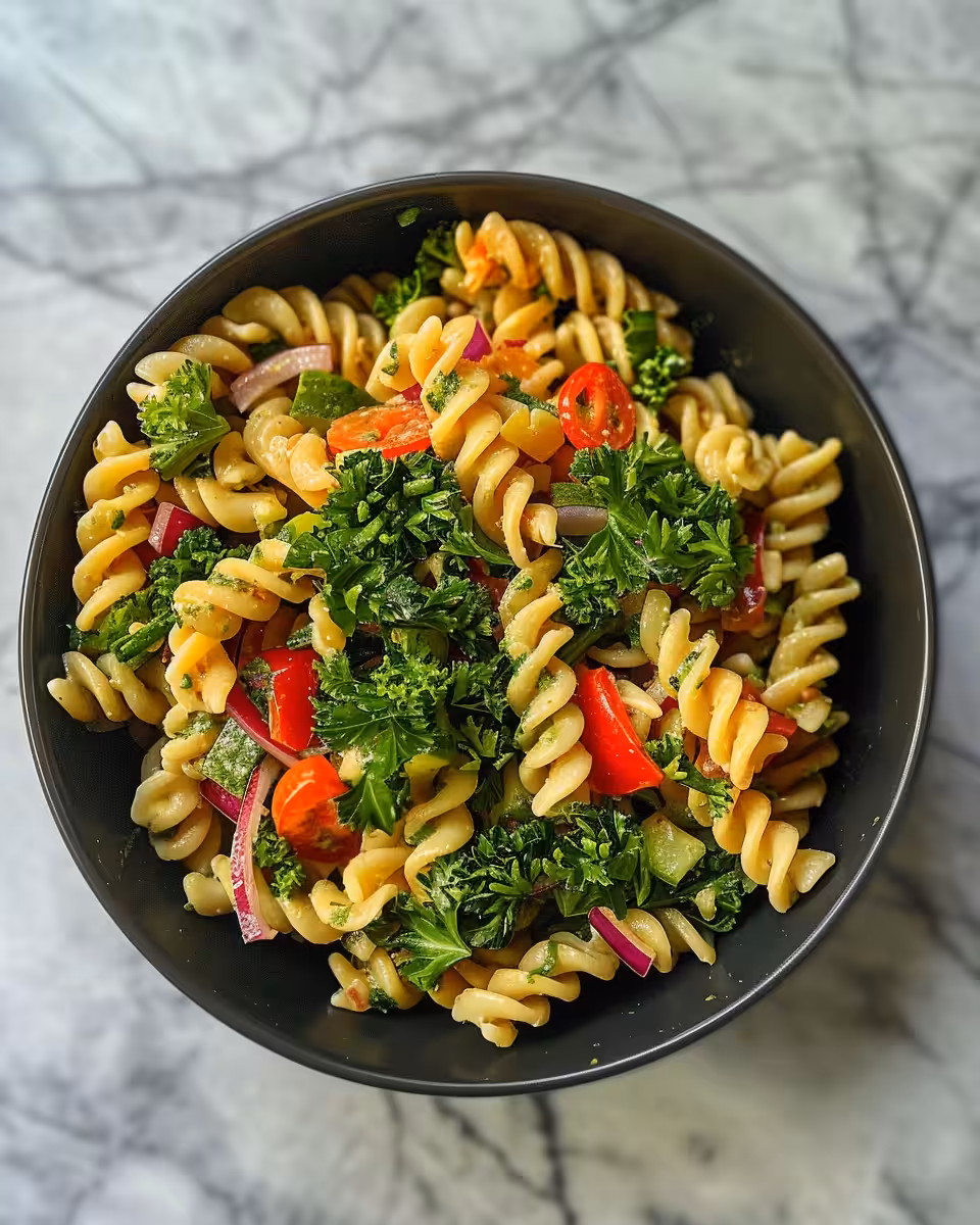 Zesty high protein pasta salad in bowl, fresh and colorful