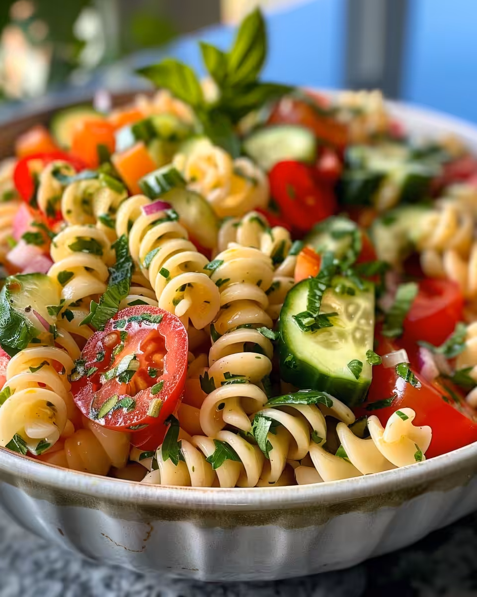 Fresh ingredients for zesty Italian pasta salad with peppers and olives