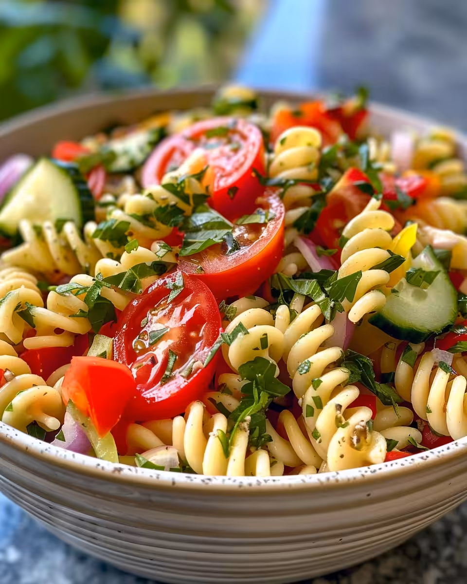 Finished zesty Italian pasta salad ready to serve