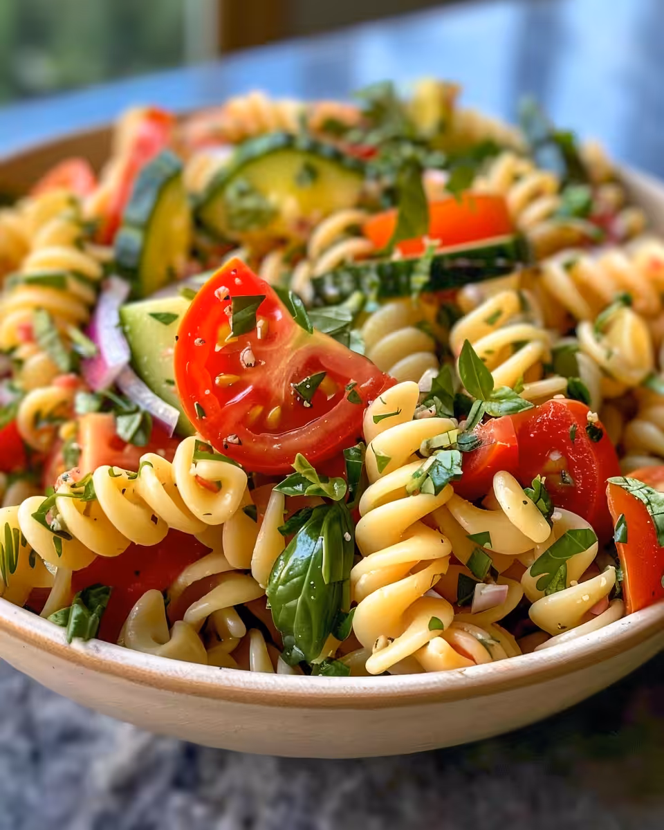 Freshly prepared zesty Italian pasta salad in bowl